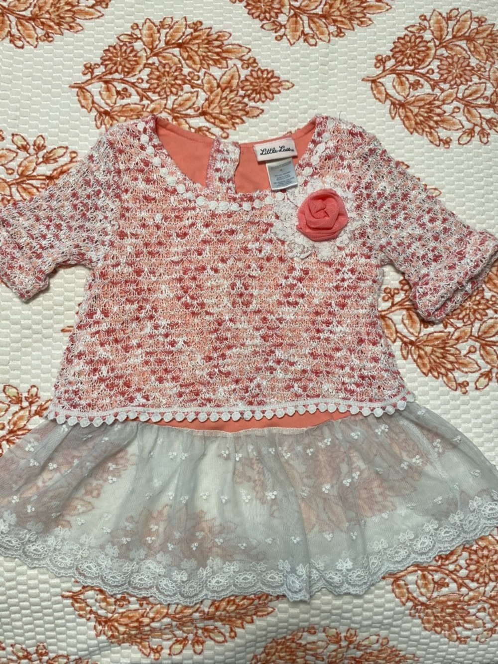 Little Lass Coral & White Lace Layered size 4 girl top with Rosette, used
